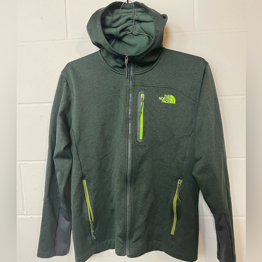 The North Face Men’s Full Zip Hooded Jacket – Green with Neon Trim (Size L)
